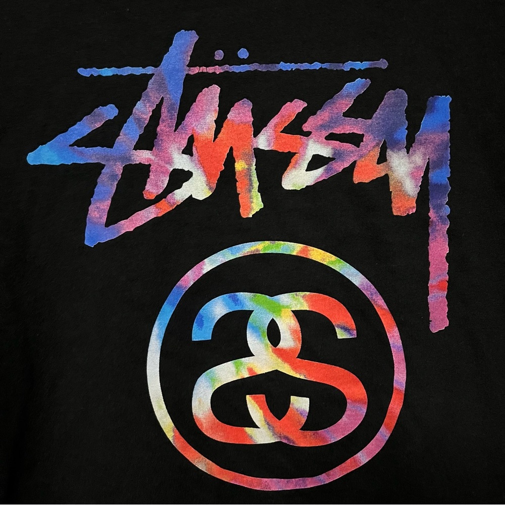 STUSSY TIE DYE LOGO T SHIRT TEE BLACK RAINBOW GRAPHIC VINTAGE STYLE SKATE MEDIUM - Picture 3 of 5